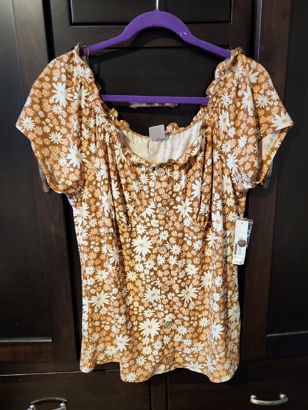 No Boundaries Brown Floral Square-Neck Button Top